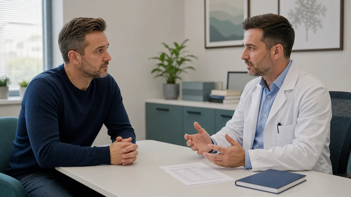 Hombre adulto consultando con un médico especialista en una clínica para evaluar sus niveles hormonales