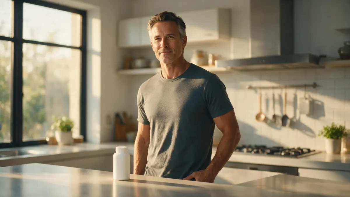 Hombre de más de 45 años con aspecto activo y saludable junto a un frasco de suplemento, concepto de andropausia y vitalidad masculina